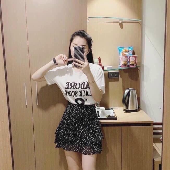 Chân váy chấm bi nhún tầng cạp chun tôn dáng chất voan nhẹ có quần bảo vệ - chân váy dáng A tiểu thư tôn dáng