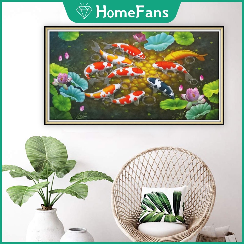 Bộ Tranh Đính Đá 5D Tự Làm Hình Cá Koi May Mắn 50x30cm / 70x40cm / 90x50cm