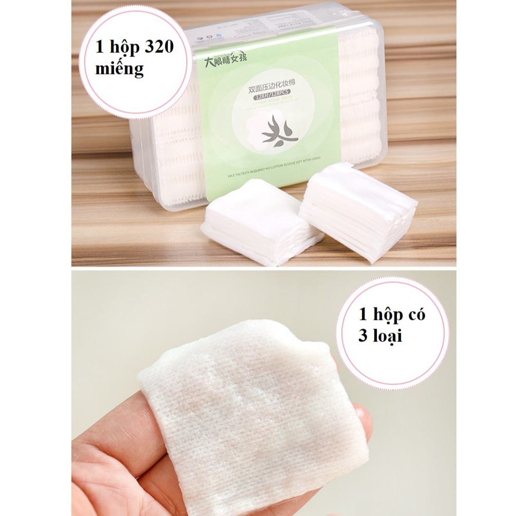 [Hộp Nhựa 320 Miếng] HỘP BÔNG TẨY TRANG 3in1 cotton 100% mềm mịn hộp 320 miếng