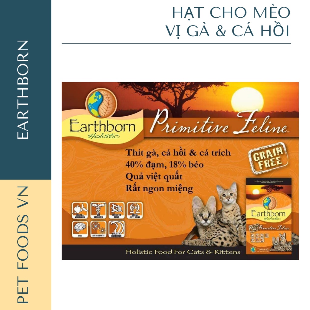 Hạt cho mèo EARTHBORN Primitive Feline 2kg vị Gà, Cá Hồi &amp; Cá Trích