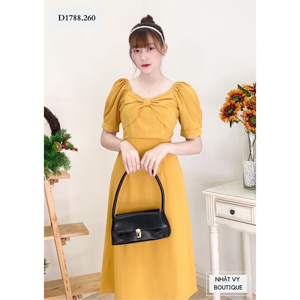 Đầm Công Sở NHẬT VY Trơn Chít Eo Nơ Ngực Màu Xanh, Vàng, Đen - D1788