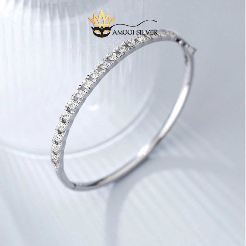 Vòng kiềng tay bạc S925 dáng oval nạm đá đường kính 57mm - Amooi Silver AT99