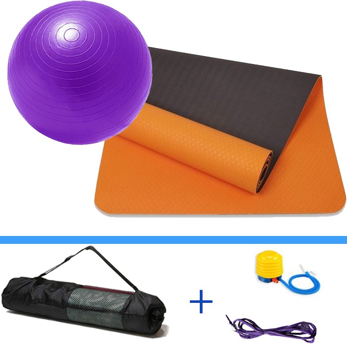 Combo thảm tập yoga TPE 6mm 2 lớp + bóng tập yoga cao cấp (Tặng túi đựng thảm và bơm bóng)