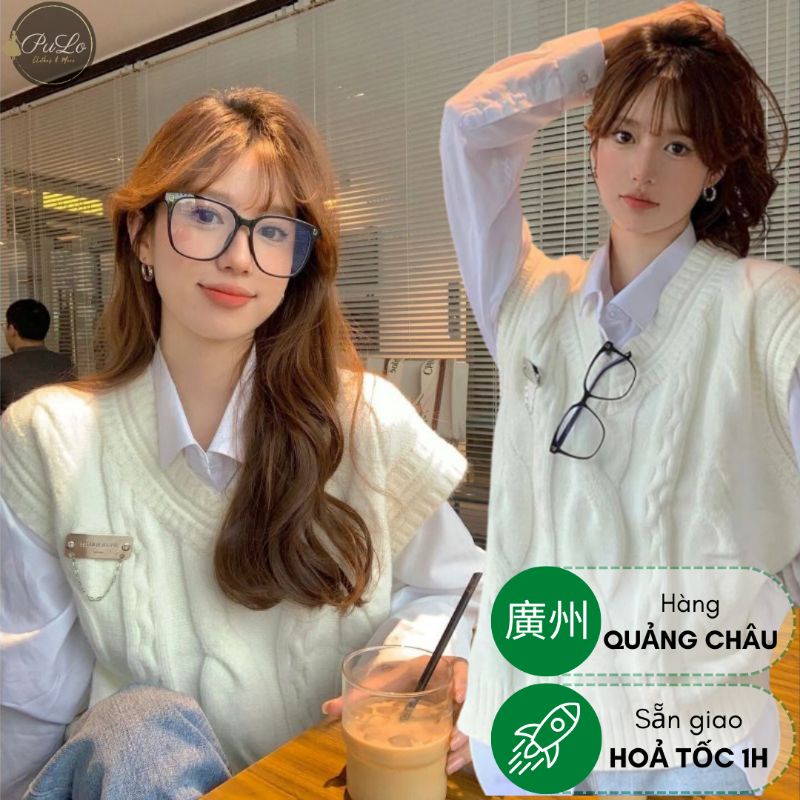 Áo gile len trắng trơn khuy ngực cổ V form rộng AL061