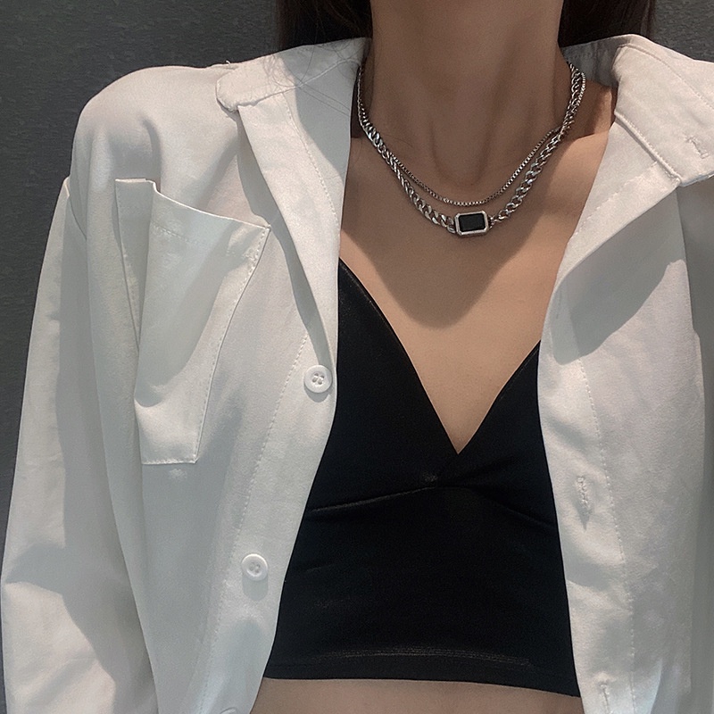 Vòng cổ Hai Lớp Mặt Vuông Ngắn Nhẹ Phong Cách hip hop Đơn Giản Sang Trọng Cá Tính Dành Cho Bạn Nữ