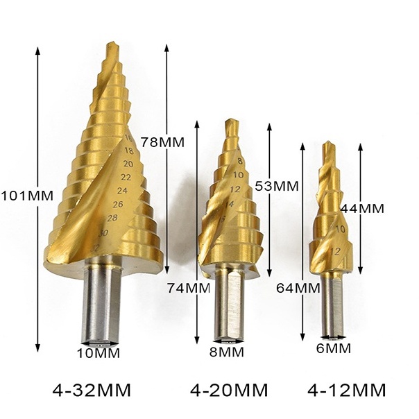 Mũi Khoan Tháp 4-32mm, Bộ 3 Mũi Khoan Bước Phủ Titan Siêu Cứng HSS Đường Kính 4-32mm, Mũi Khoan Đa Năng, Khoan Sắt