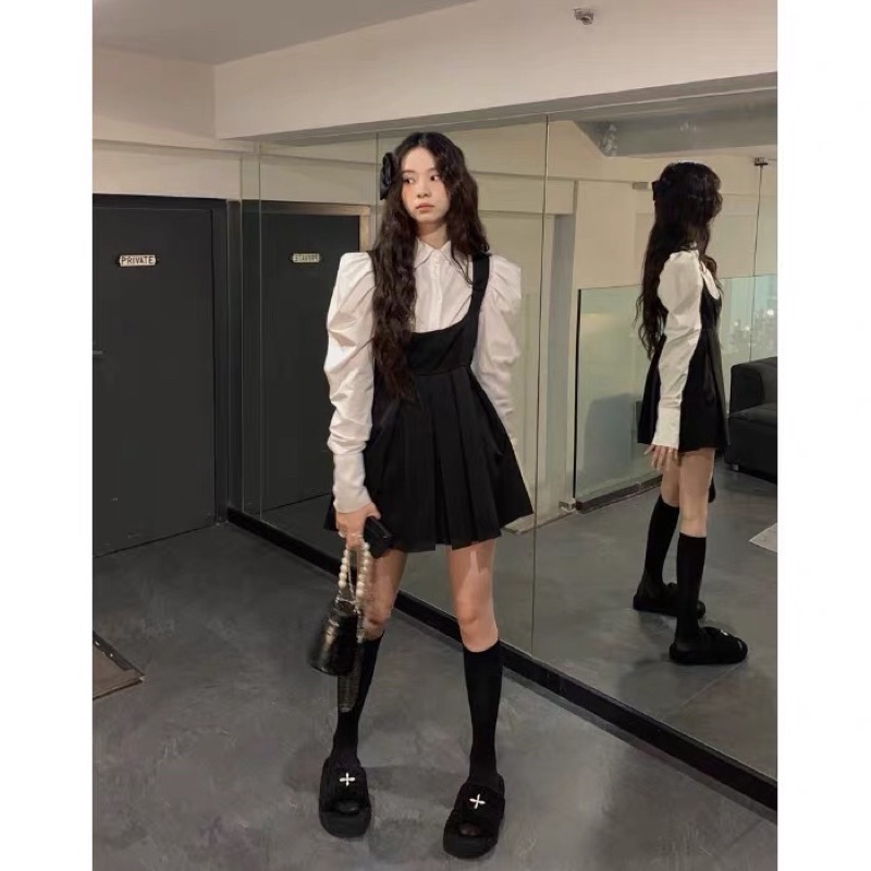 TKLIHN Set váy tiểu thư ULZZANG Áo sơmi tay phồng tiểu thư + váy yếm đen xoè Fashionita 2022