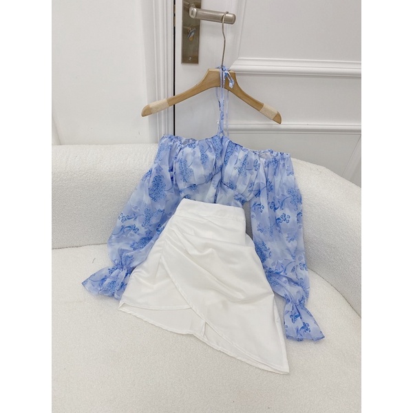 SET ÁO HOA XANH XẾP NGỰC BẸT VAI CỘT DÂY CỔ + CHÂN VÁY TRẮNG ĐẮP CHÉO