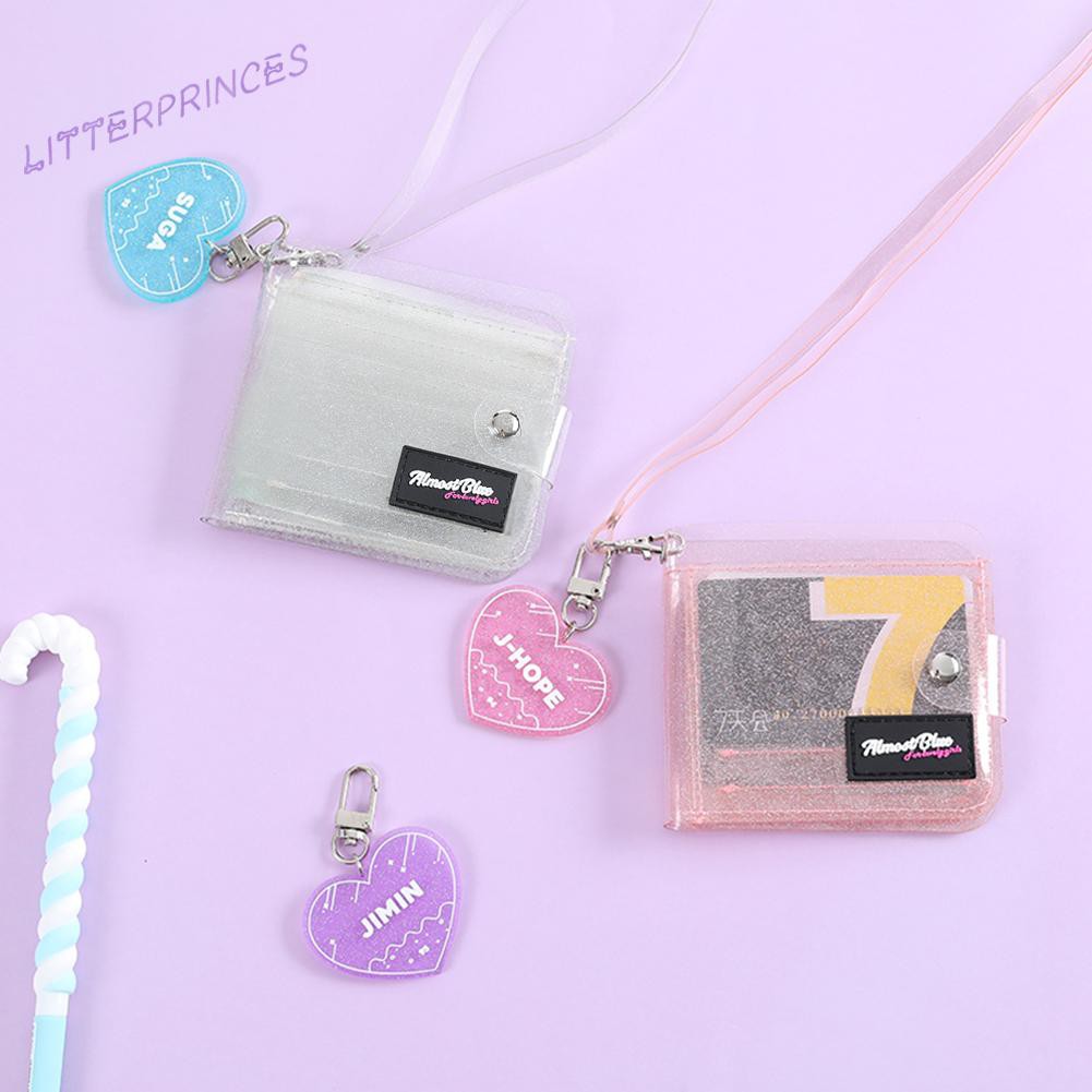 Ví đựng thẻ mini dáng ngắn bằng PVC trong suốt lấp lánh thời trang màu trơn không có dây đeo cho nữ