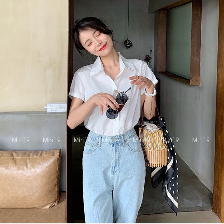 Áo Sơ Mi Nữ Tay Ngắn Công Sở Hàn Quốc Form Rộng Oversize Họa Tiết Trơn Công Sở Đi Học Đi Chơi Màu Trắng Thời Trang