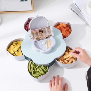 Khay mứt lúa mạch xoay hình bông hoa, khay đựng bánh kẹo tết đa năng 1 tầng có giá đỡ điện thoại