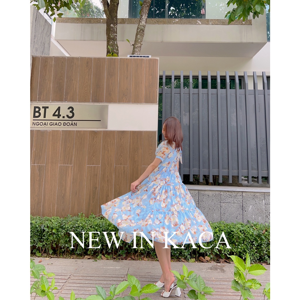 Váy hoa váy thiết kế Kate Dress với họa tiết hoa xanh, lót Habutai mềm, mịn - KACA