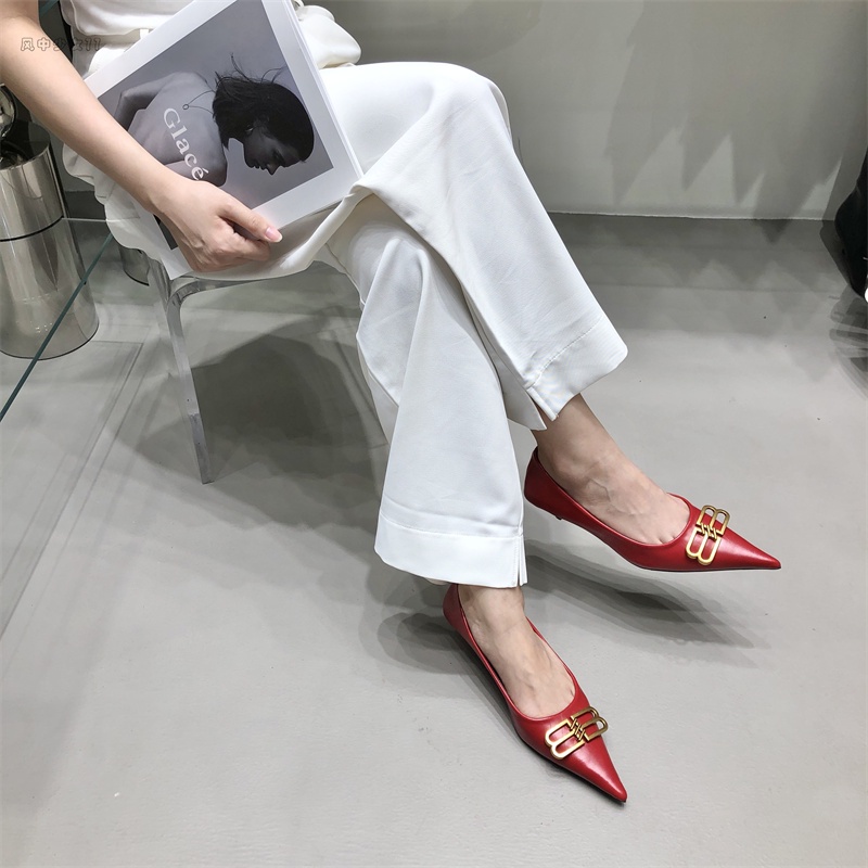 Giày cao gót đế dày màu trơn mũi nhọn miệng nông phong cách Anh thời trang thanh lịch cho nữ