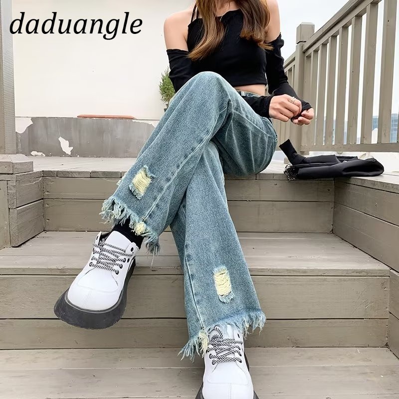 Daduhey Quần jean dài ống rộng lưng cao phối rách thời trang cá tính cho nữ