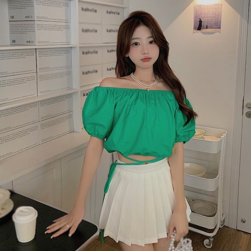 Áo Crop Top Tay Ngắn Trễ Vai Màu Sắc Trơn Phong Cách Hàn Quốc Quyến Rũ Dành Cho Nữ