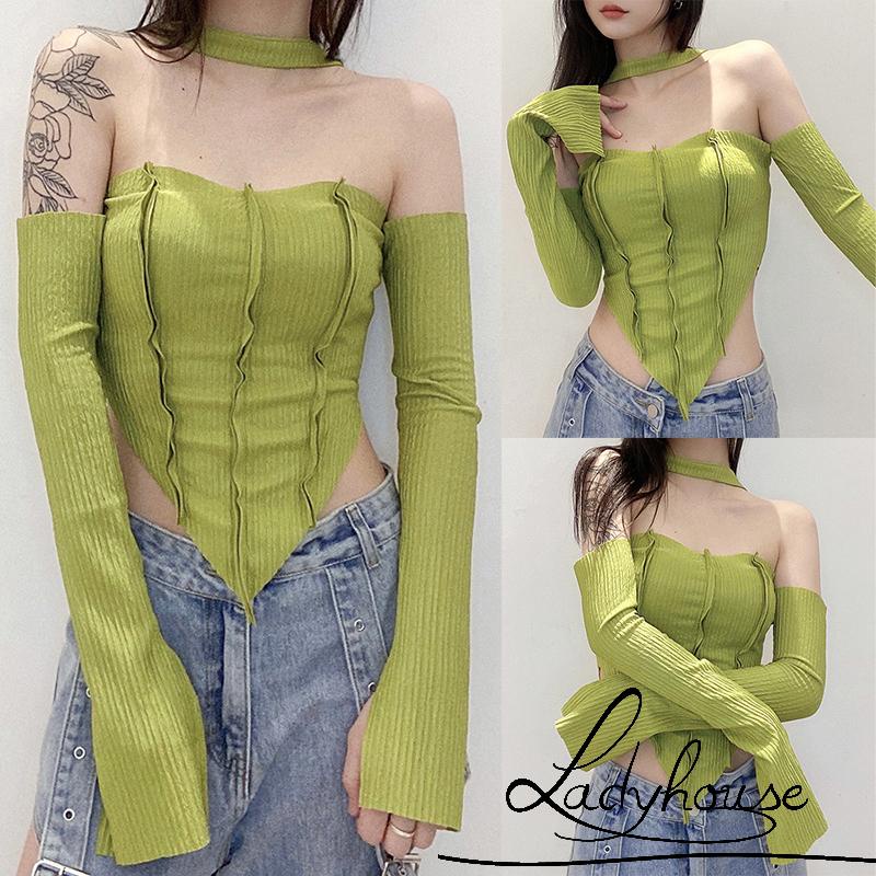 LD-Women´s Crop Tops, Halter Neck Off Shoulder Long Sleeve Solid Color T-Shirt for Young Ladies