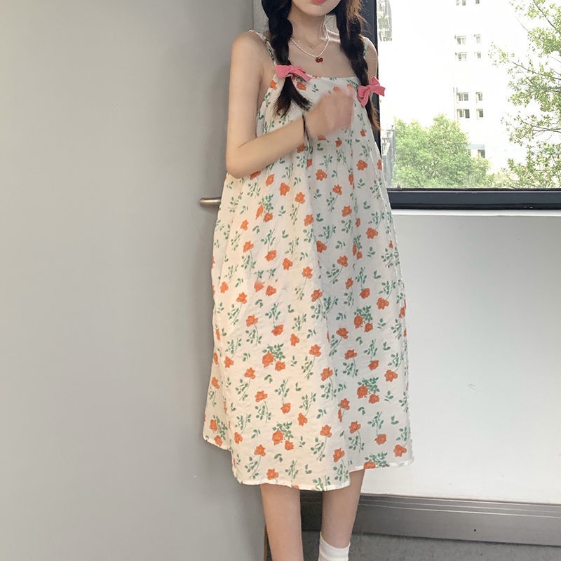 Đầm hai dây dáng rộng họa tiết hoa phong cách Nhật Bản thời trang xinh xắn cho nữ