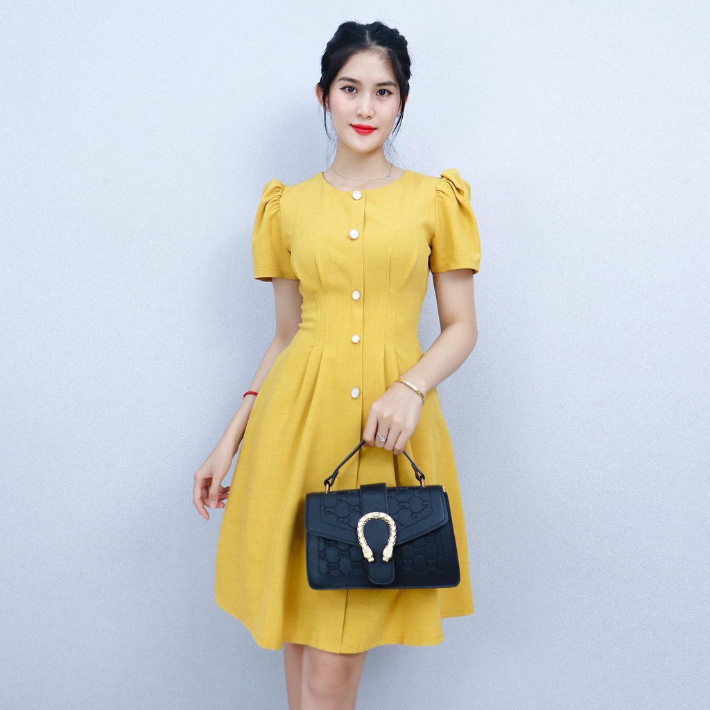 Đầm Dự Tiệc Công Sở Sang Trọng Bigsize AMYRA , Thiết Kế Dáng Chữ A Tay Phồng Phối Nút Cao Cấp Đi Làm Đi Tiệc DA185