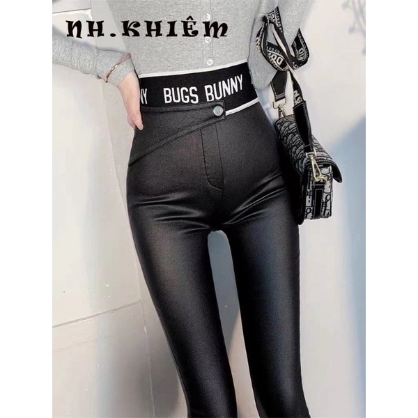 Quần da legging cạp chữ có lót nỉ mỏng