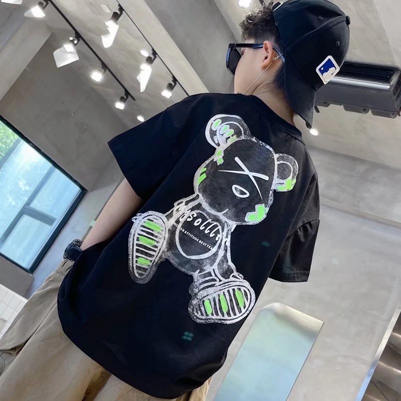 Áo thun BXPB tay ngắn dáng rộng in hoạt hình gấu dễ thương thời trang mùa hè cho bé trai