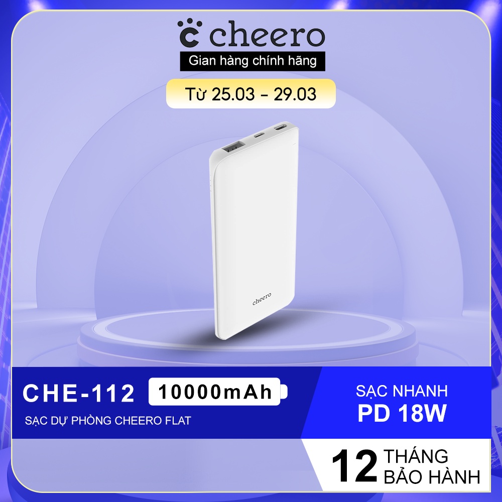 Pin Sạc Dự Phòng Sạc Nhanh Chuẩn Nhật CHEERO Flat 10000mAh Power Delivery 18W CHE-112 - Hàng Chính Hãng