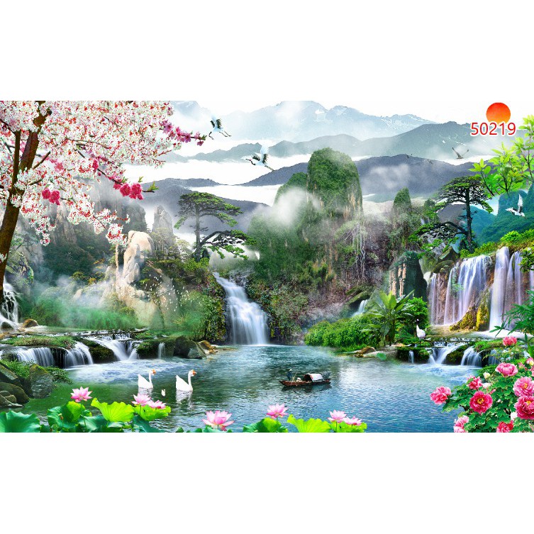 Tranh dán tường 3d sơn thủy hữu tình trang trí nhà cửa phòng khách giá rẻ đẹp chất liệu decal pp keo sẵn bóc dán atk30