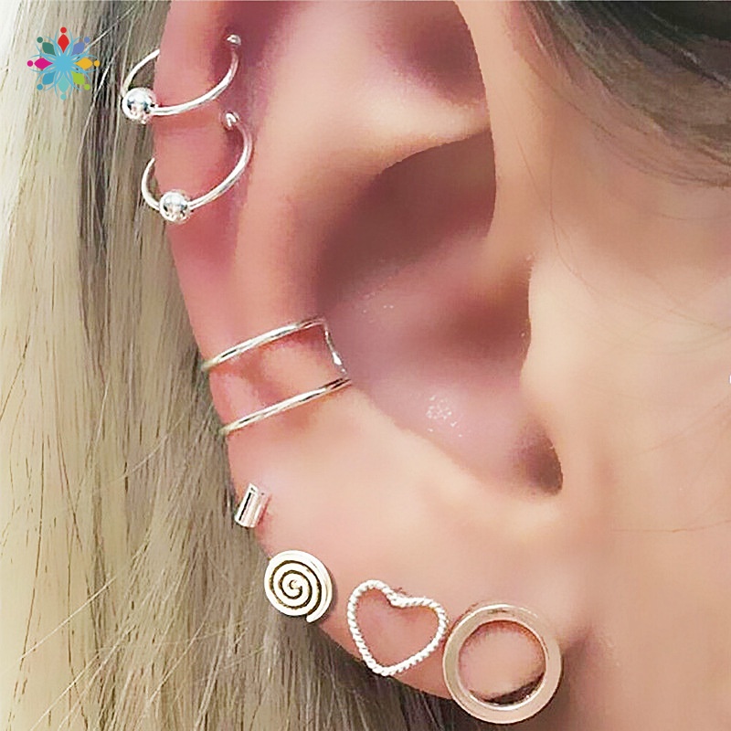 Set 7 Khuyên Tai/Kẹp/Kẹp Tai Bằng Thép Không Gỉ Phong Cách Punk Cho Nữ