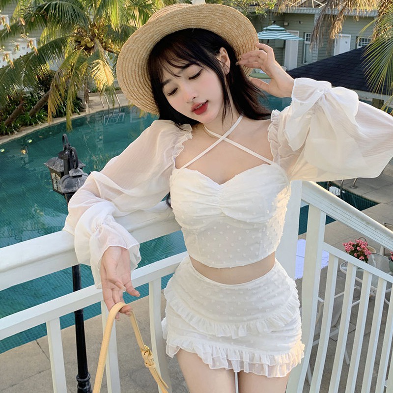 Áo Croptop Tay Dài Dáng Ôm Vải Voan Phối Dây Cột Họa Tiết Chấm Bi Thời Trang Cá Tính Cho Nữ