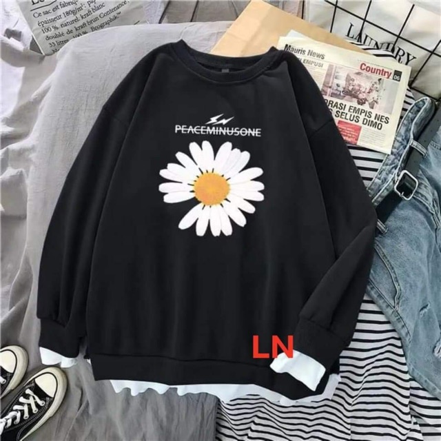 Áo nỉ bông dài tay cổ tròn hoa cúc tia set