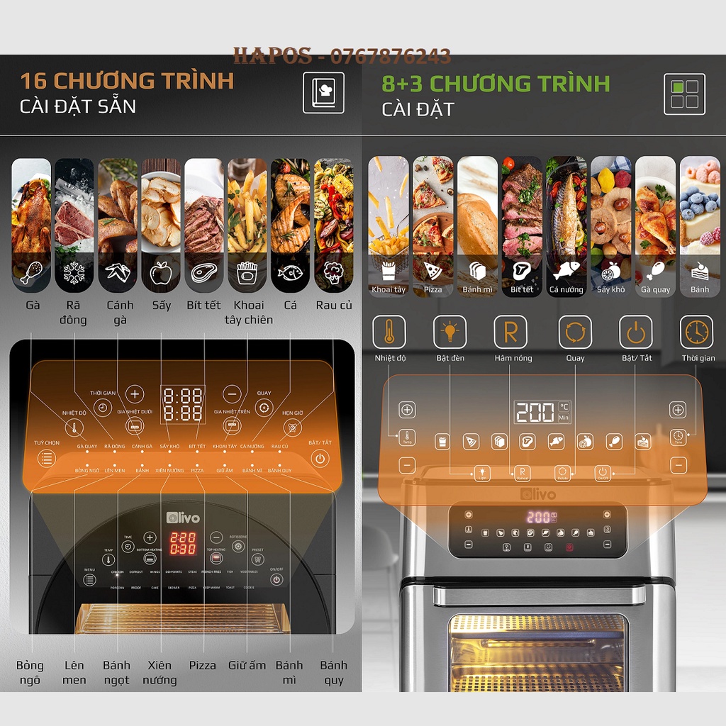 Nồi chiên không dầu OLIVO AF12/ AF15 thương hiệu Mỹ cảm ứng đa chức năng tặng thảm - HAPOS