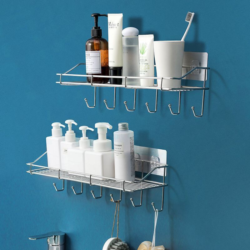 Kệ Nhà Tắm Inox Không Gỉ Kèm 6 Móc, Giá Để Đồ Nhà Tắm Dán Tường Treo Đồ Tiện Lợi
