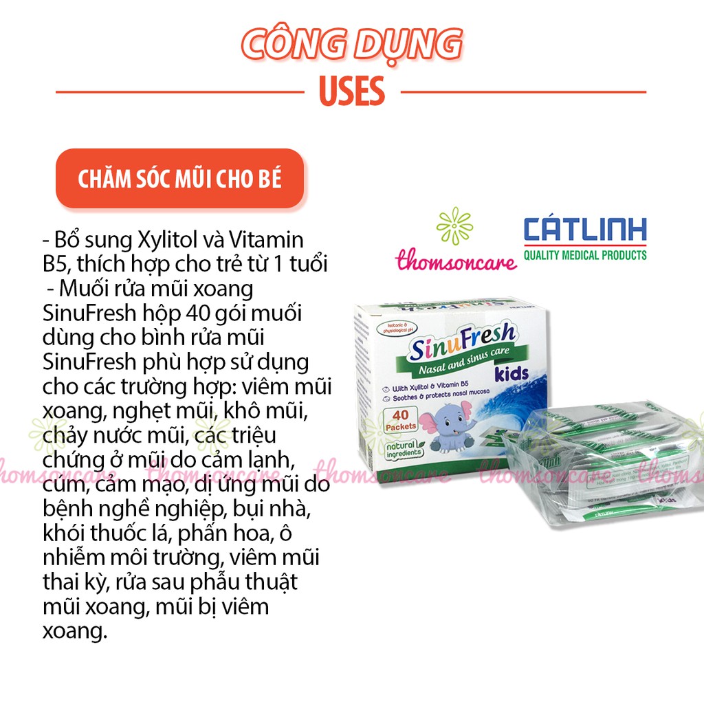 Muối rửa mũi cho bé từ 1 tuổi Sinufresh Kids, chính hãng Dược Cát Linh - mẫu mới cho trẻ - hộp 40 gói