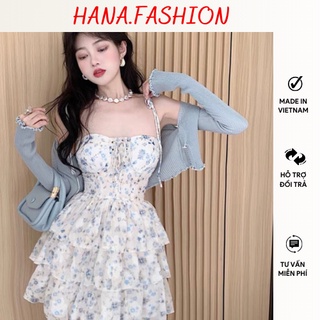  Váy 2 dây hoa nhí đầm cổ yếm bèo tầng kèm áo khoác cardigan phong cách hàn quốc ulzzang đi tiệc đi chơi du lịch. 