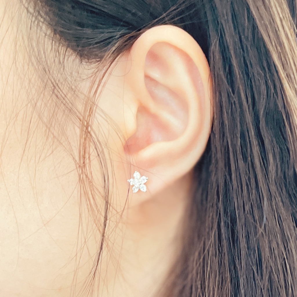 Khuyên tai bạc đính đá hình hoa mai 5 cánh CiCi Silver, bông tai bạc 925, bạc thật kèm chốt bạc