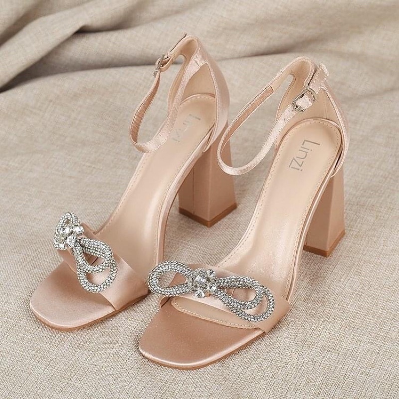 Sandal cao gót satin đính nơ . xuất uk