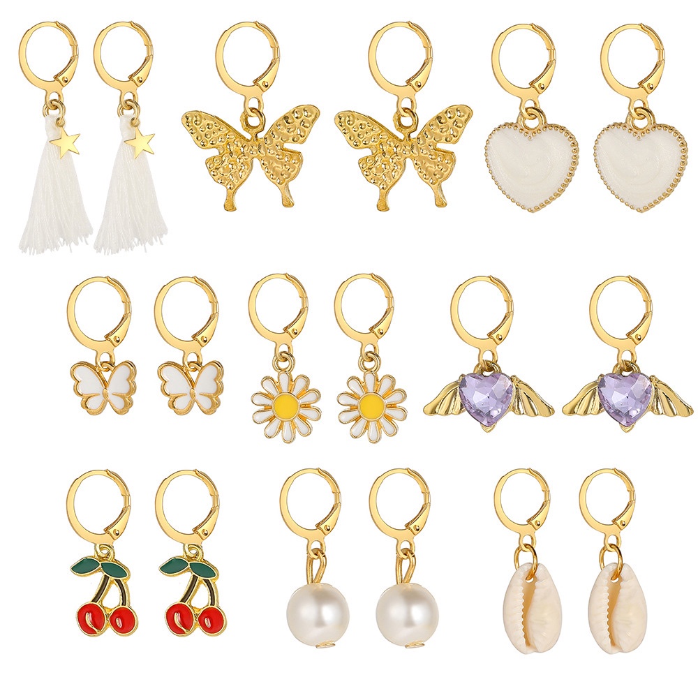 Set 9 Đôi Khuyên Tai Hình Hoa Hướng Dương / Bướm / Trái Tim Đính Ngọc Yanqueens  Trai Thời Trang Cho Nữ