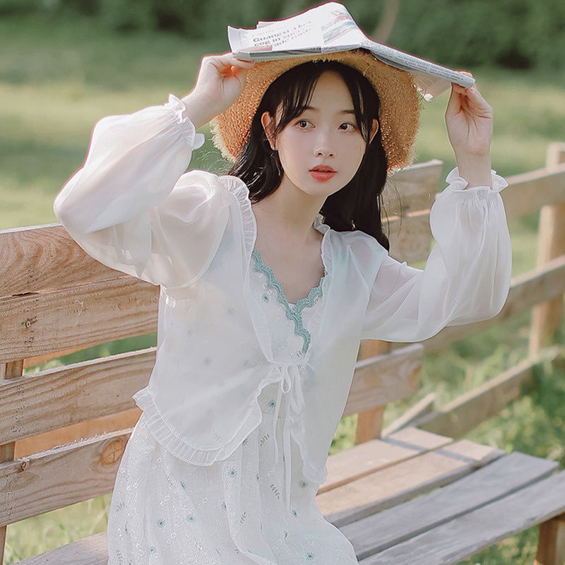 Áo Khoác Cardigan Tay Dài Cổ Chữ V Phối Nơ