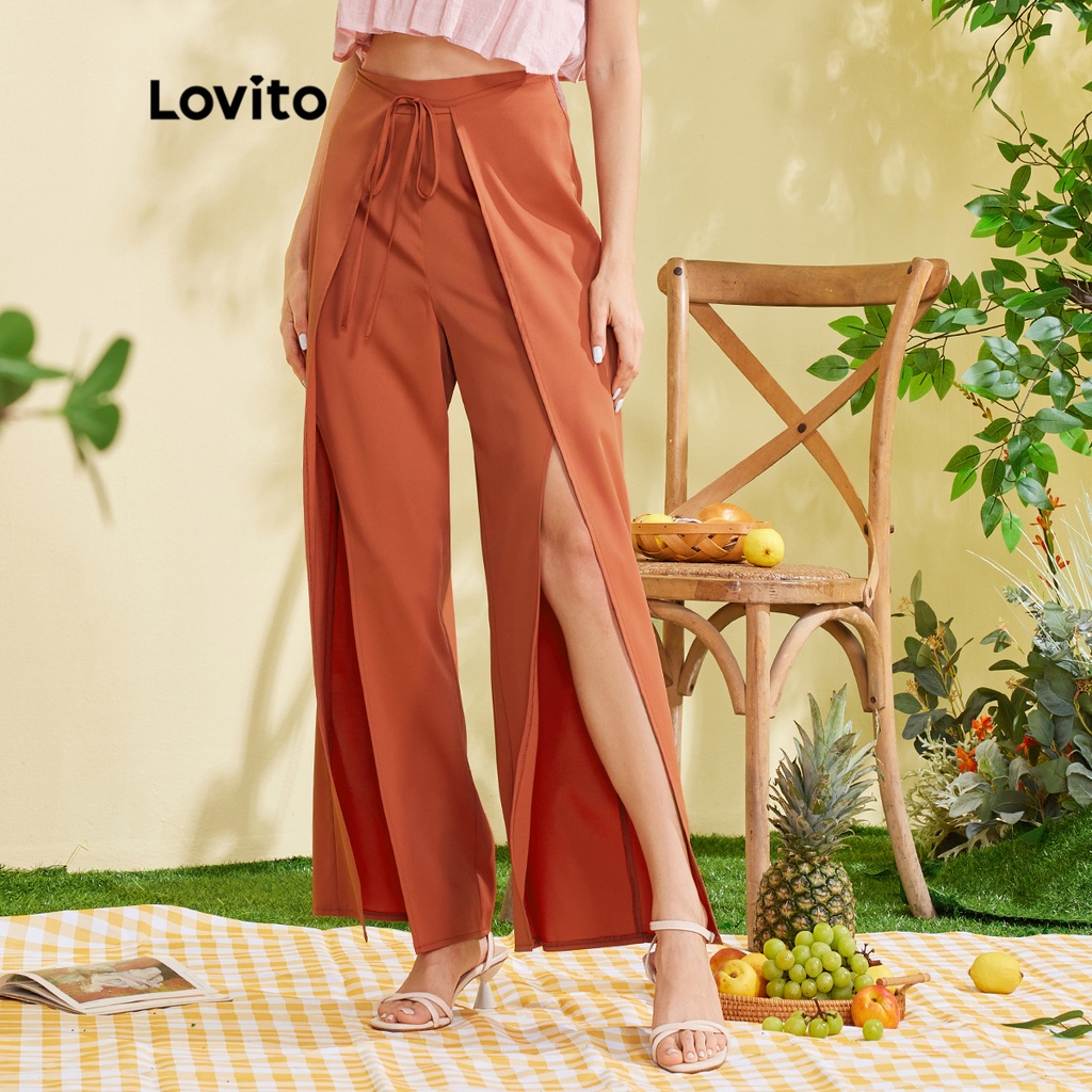 Quần dài (Lovito Exclusive) FREE NATURE Mặt trước bằng ren lên chia Boho L28EE051 (Màu be)
