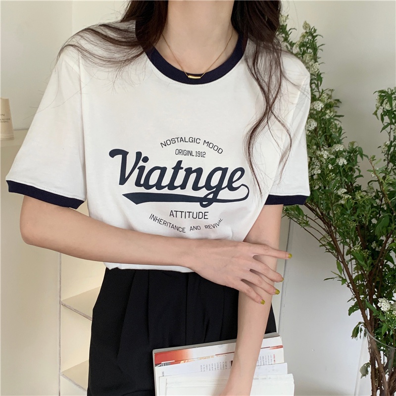 Áo thun SUXI cotton tay ngắn dáng rộng in chữ phối màu sắc tương phản thời trang mùa hè cho nữ