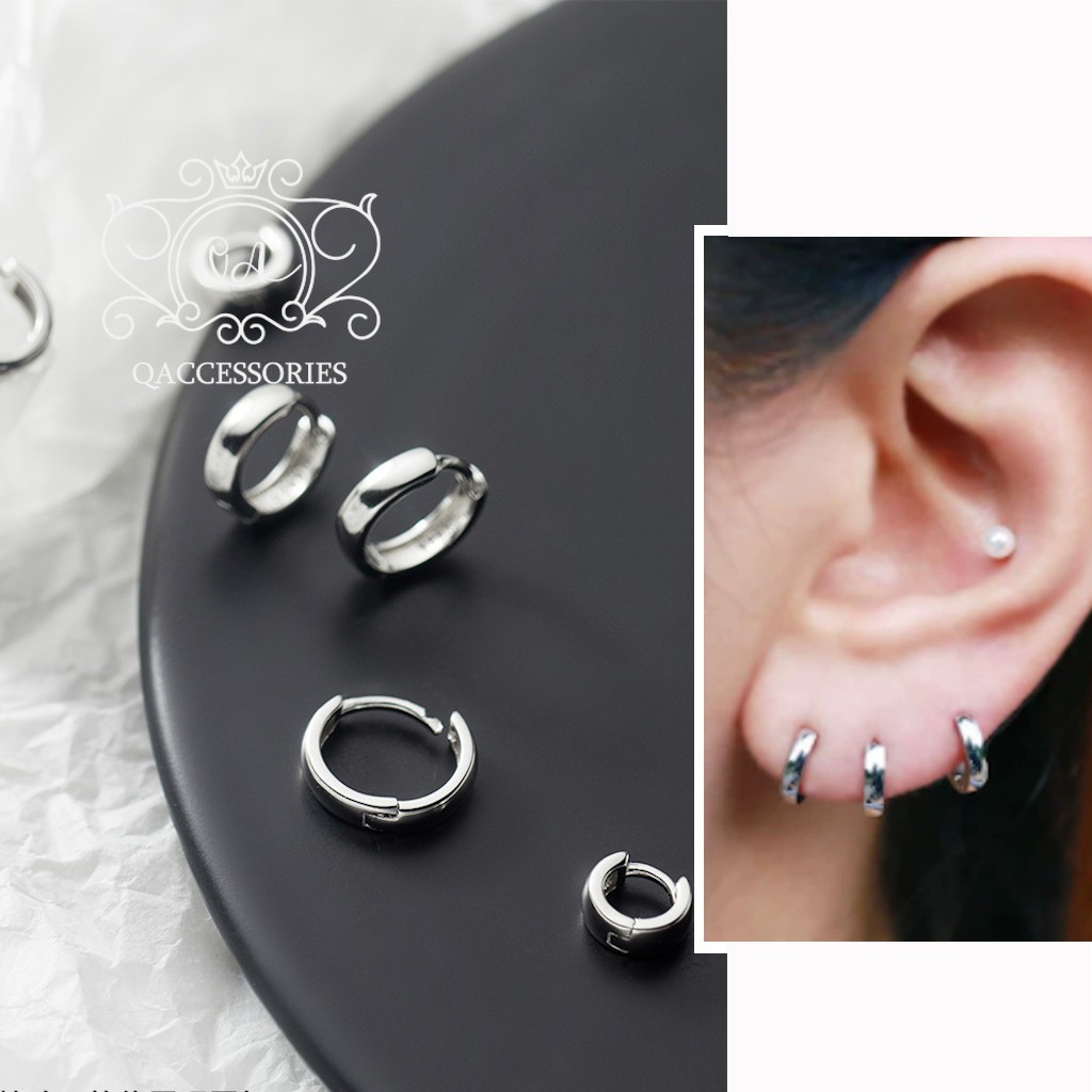 Khuyên tai bạc 925 nam nữ tròn dày bản to chốt lẫy bông tối giản S925 HOOP Silver Earrings QA SILVER EA210206