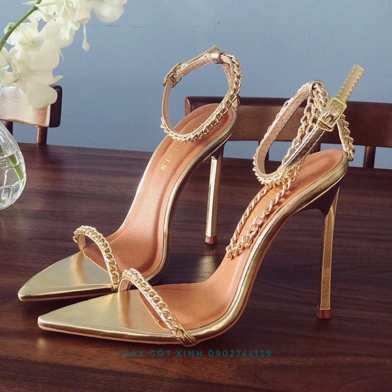 Sandal dây mảnh cao gót vàng gold