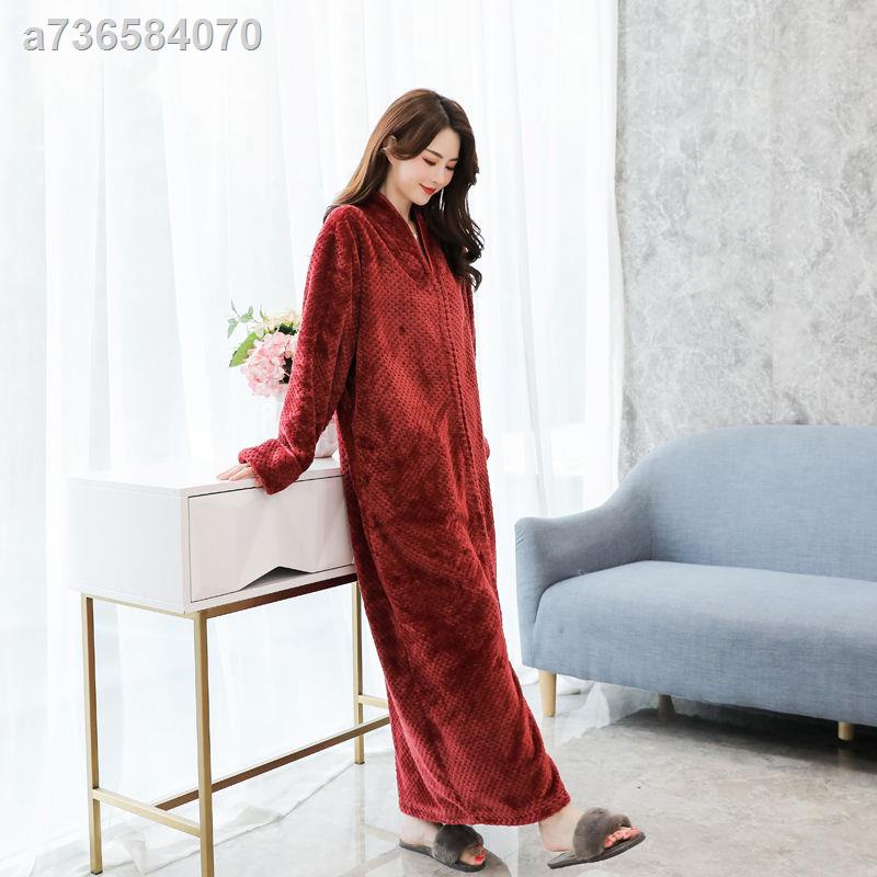 Oyster☎Áo choàng tắm dáng dài phối khóa kéo bằng vải Flannel thời trang mùa thu đông dành cho nữ | BigBuy360 - bigbuy360.vn