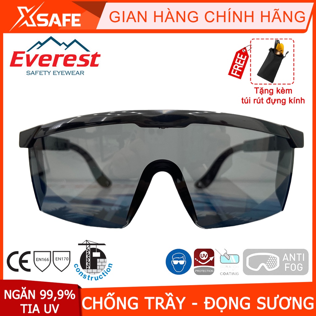 Kính bảo hộ lao động Everest  EV105 đen - Mắt kính chống bụi, đọng hơi nước, chống trầy xước, chống tia UV