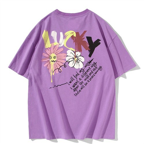 (Hot Trend, Sẵn Hàng) Áo Thun In - Phông Lamlicka, Tay Lỡ Unisex Cá Tính In Hình Hoa Cúc Chữ Lucky (Có Ảnh Thật)