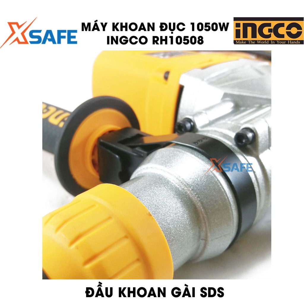 Máy khoan đục 1050W INGCO RH10508 kèm 3 mũi khoan gài, 2 mũi đục tốc độ không tải 900 vòng/phút