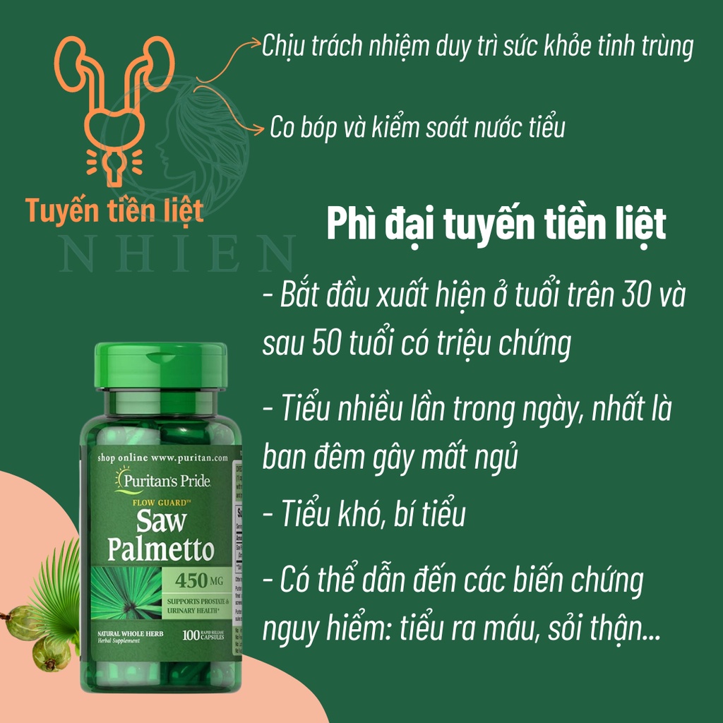 Viên uống cọ lùn Saw Palmetto Puritan tăng cường sức khỏe tuyến tiền liệt và đường tiết niệu ở nam giới 450mg