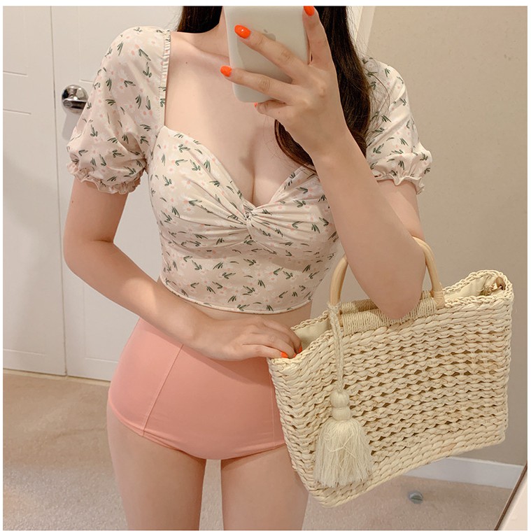 Bikini bộ bơi nữ cộc tay quần cạp cao hoa nhí 🍀FREESHIP🍀 Áo Tắm Nữ Hè 2020 sili shop