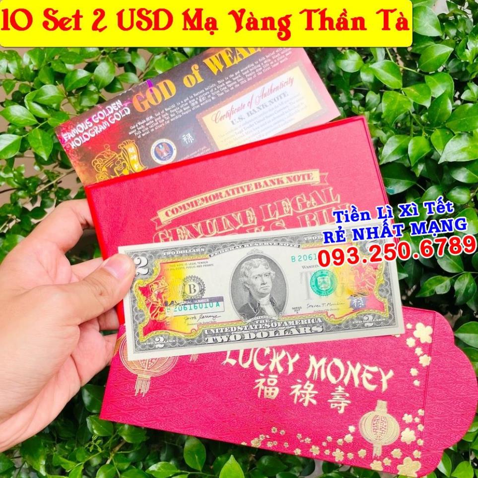 (10 Combo) Tờ 2 Đôla Mỹ Hình Thần Tài Vàng may mắn + bao da đỏ - Quà Tết 2022