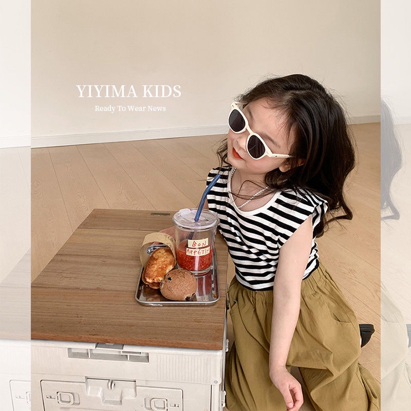 Set Áo Thun Sọc Ngang + Quần Yếm Phong Cách Hàn Quốc Cho Bé Gái