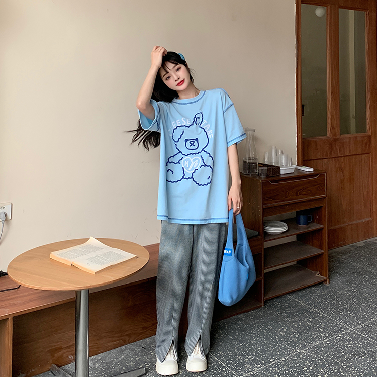 SUXI Áo thun tay ngắn cổ tròn dáng rộng in họa tiết phong cách mùa hè trẻ trung